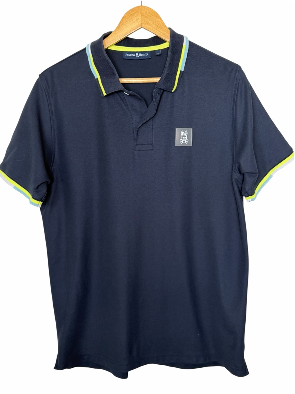Psycho Bunny Men's Navy Polo with Neon Trim size large
